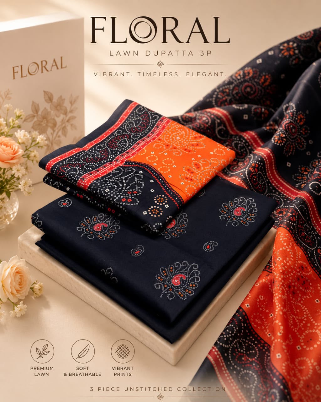 Floral Lawn dupatta 3pc