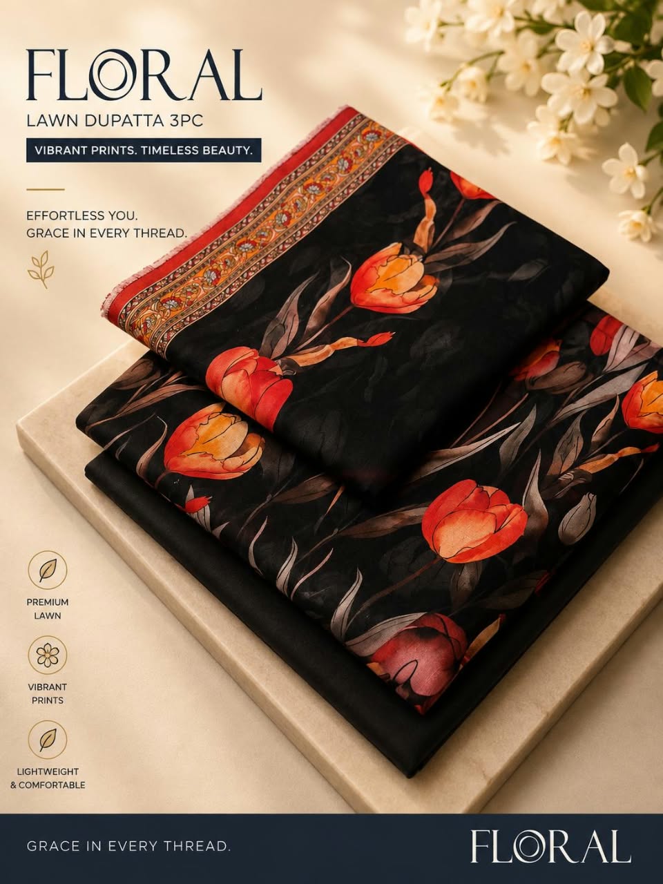 Floral Lawn dupatta 3pc
