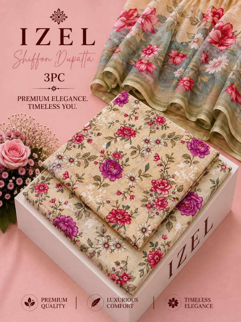 Lawn shafon dupatta 3pc