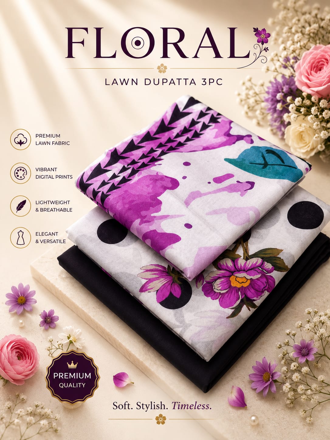Floral Lawn dupatta 3pc