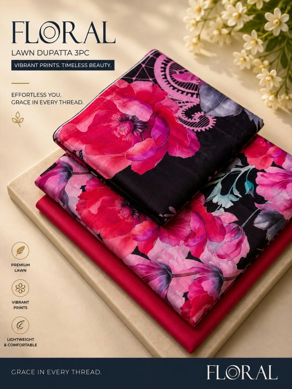 Floral Lawn dupatta 3pc