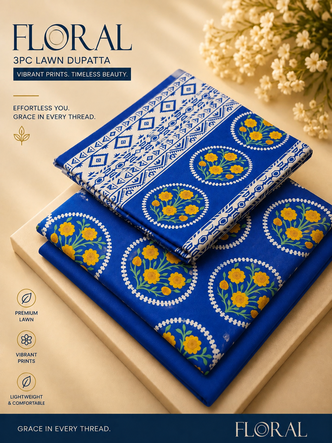 Floral Lawn dupatta 3pc